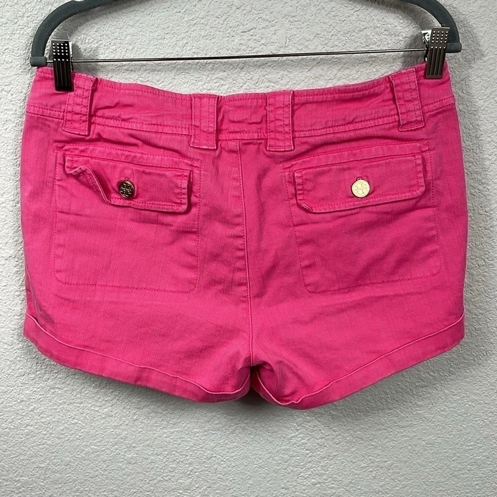 Tory Burch Mid Rise Cuffed Chino Jean Shorts Pink Gold Tone Medallion Buttons 30